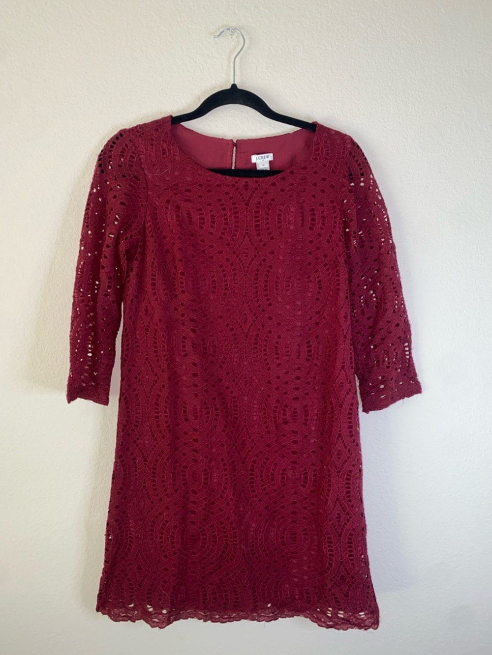 🛍️ NWT J. Crew Dress Size 0 Lace Overlay 3/4 Sleeve Red Burgundy! - Picture 2 of 10